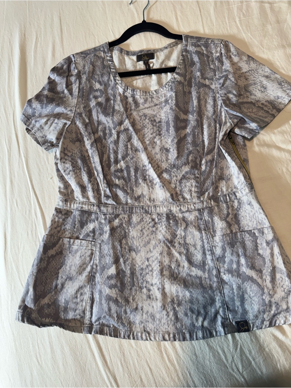 Jaanuu Gray Snake-Print Short Sleeve Scrub Top
